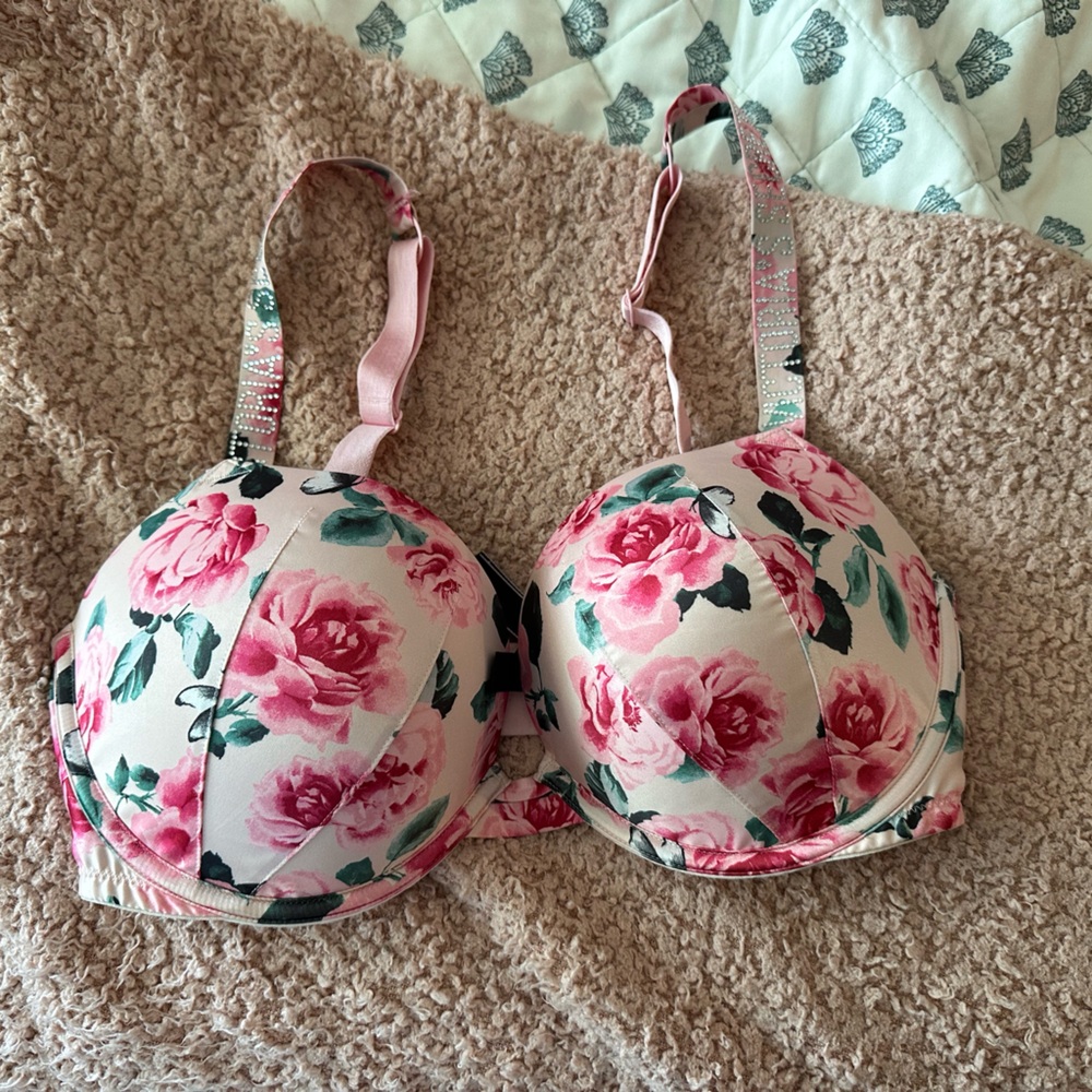 Pink floral VS bra with rhinestones on the straps